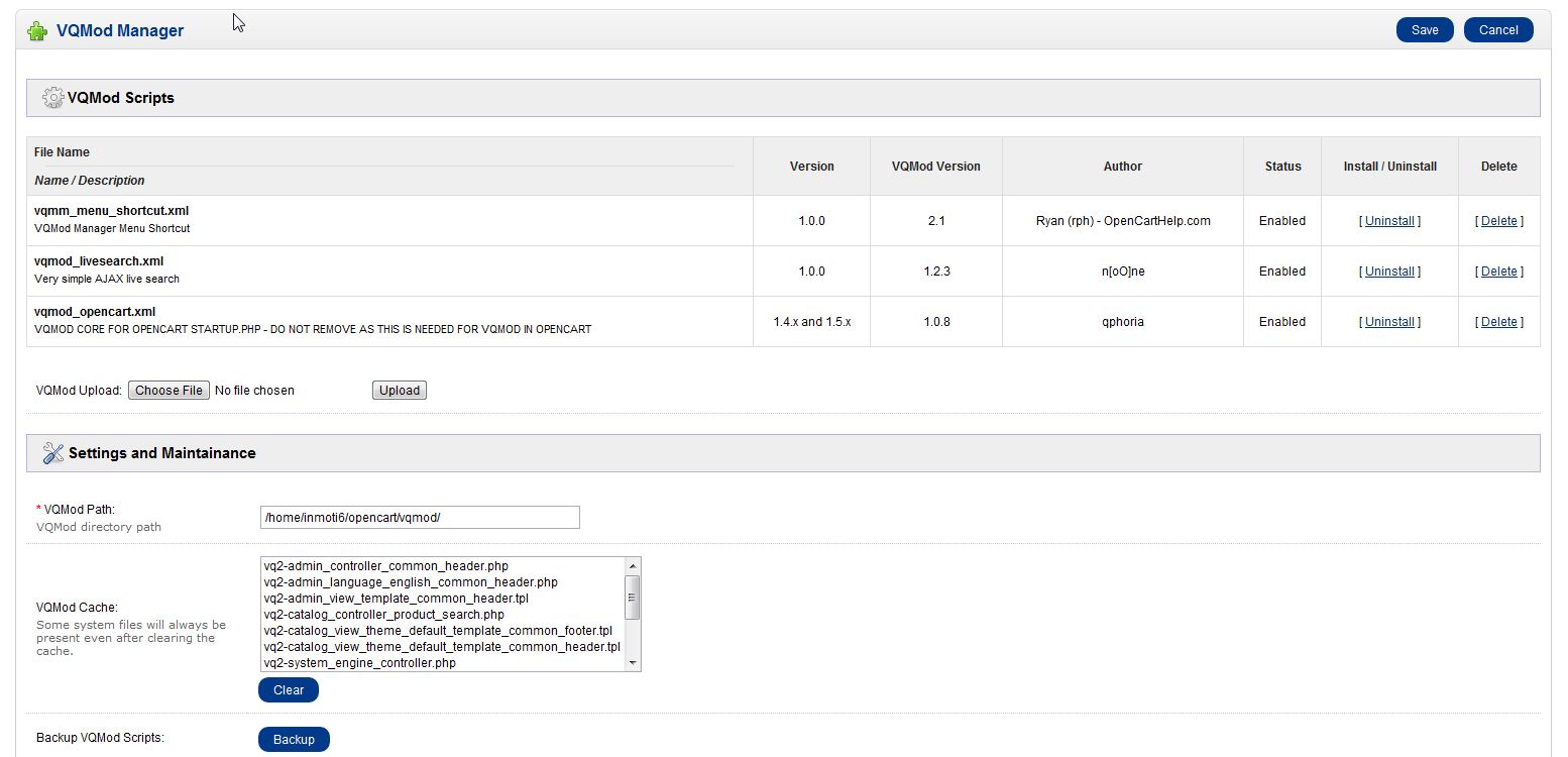 ... accessing the vqmod manager directly through extensions vqmod manager