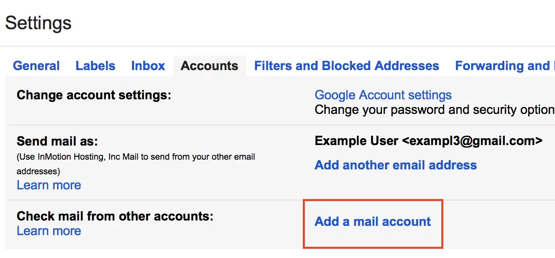 Gmail Settings Accounts Add a mail account link highlighted.