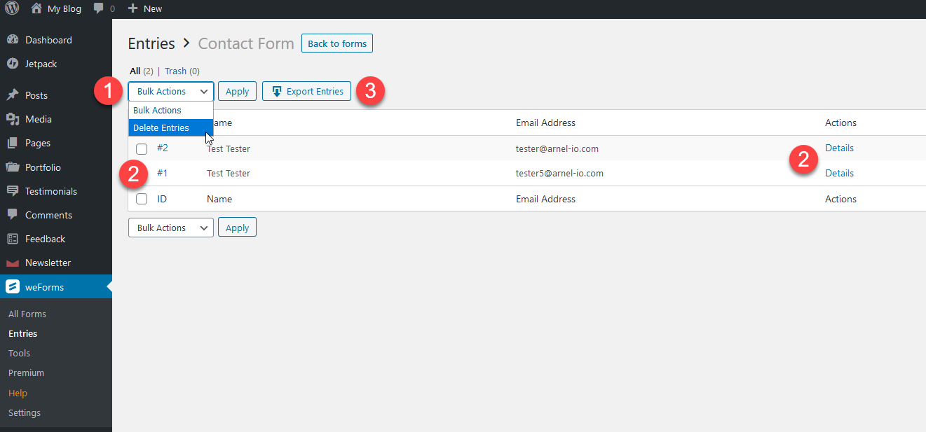 Managing entries in weforms