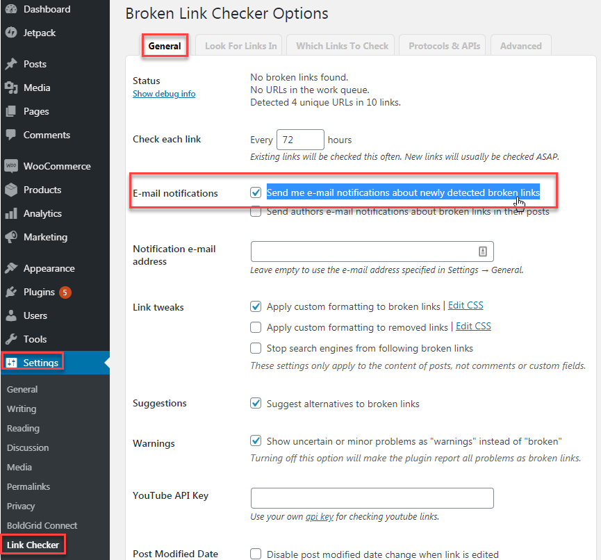 Broken Link Checker plugin usage documentation