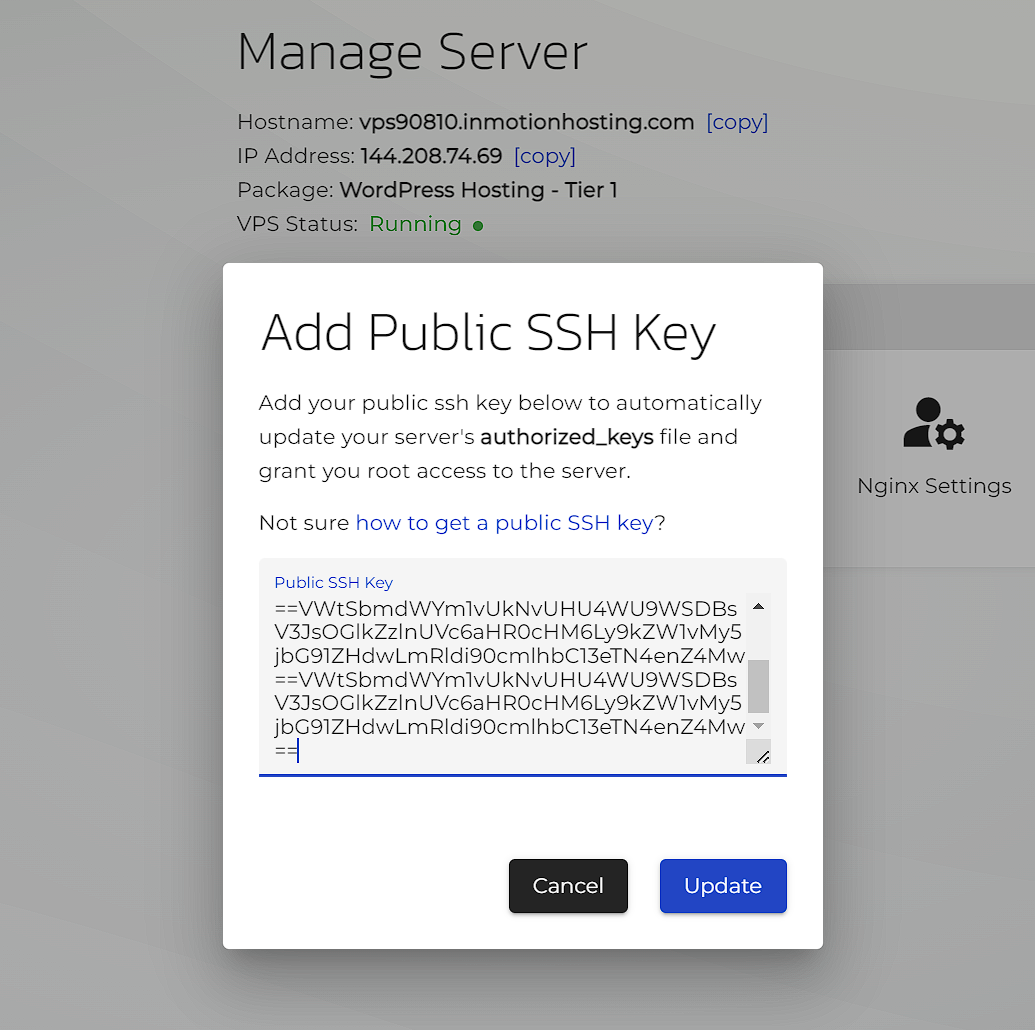 inmotion add SSH key interface