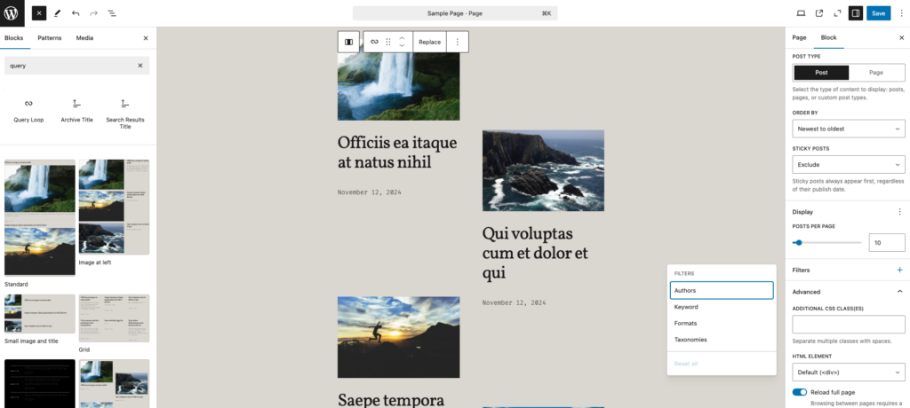 The query loop block with content filters showing, including Taxonomies, Authors, and Keywords